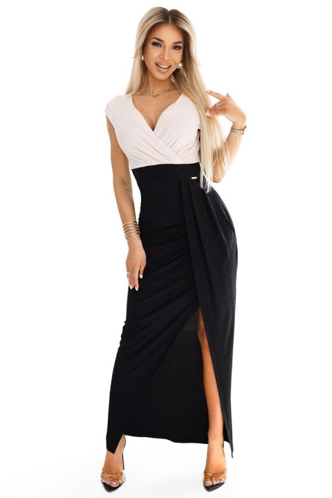 451-3 Błyszcząca sukienka z krótkim rękawkiem, dekoltem i rozcięciem na nodze - czarno-beżowa z brokatem