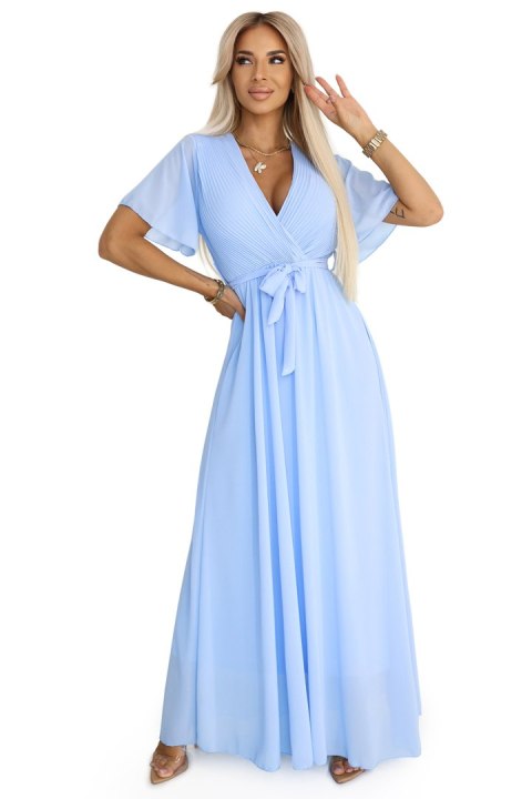 545-2 Długa sukienka z plisowanym dekoltem i wiązaniem - BŁĘKITNA