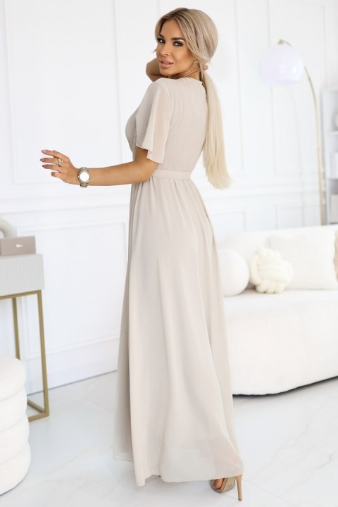 545-3 Długa sukienka z plisowanym dekoltem i wiązaniem - BEŻOWA