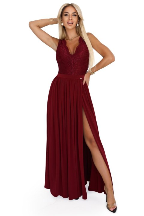 211-8 LEA długa suknia z koronkowym dekoltem i rozcięciem na nogę - bordowa