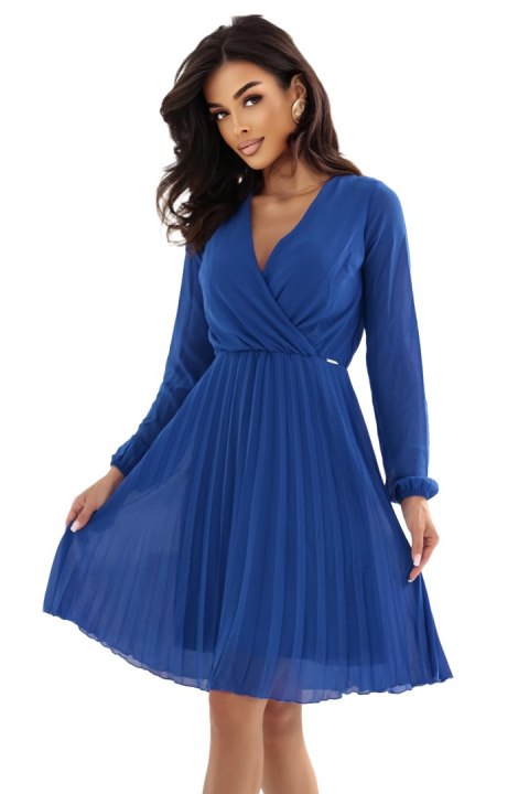 313-18 ISABELLE Elegancka plisowana sukienka z dekoltem i długim rękawkiem - chabrowa