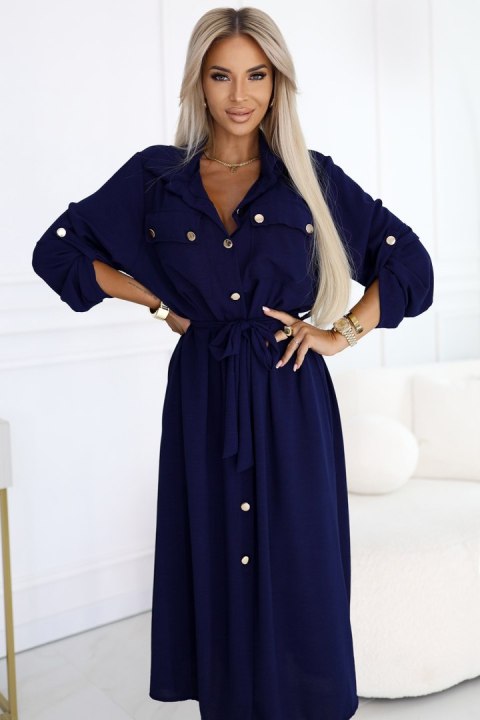 531-6 Szmizjerka midi ze złotymi guzikami i wiązaniem - GRANATOWA