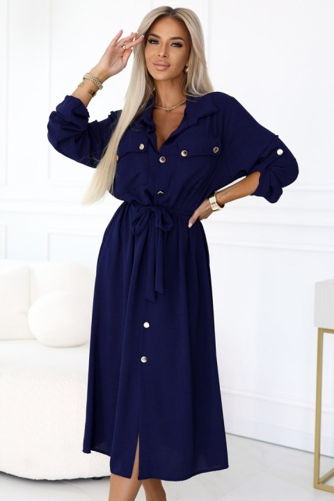 531-6 Szmizjerka midi ze złotymi guzikami i wiązaniem - GRANATOWA