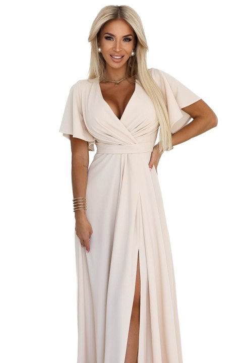 581-6 JENNIFER długa suknia z rozcięciem na nogę, rękawkiem i dekoltem - BEŻOWA