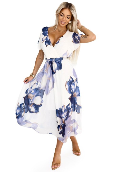 601-1 Zwiewna sukienka midi z kopertowym dekoltem i dużym kwiatowym wzorem - odcienie niebieskiego