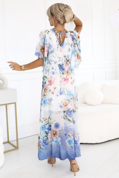 603-3 Zwiewna maxi sukienka z kopertowym dekoltem i kwiecistym wzorem - BŁĘKITNE RÓŻE
