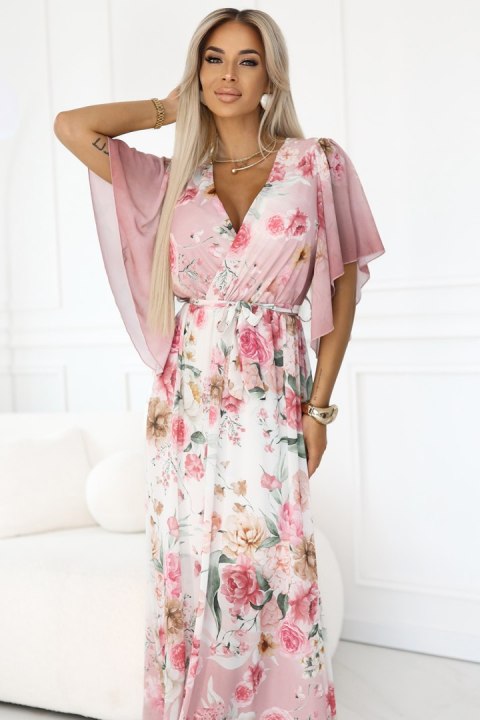 603-4 Zwiewna maxi sukienka z kopertowym dekoltem i kwiecistym wzorem - RÓŻOWE RÓŻE