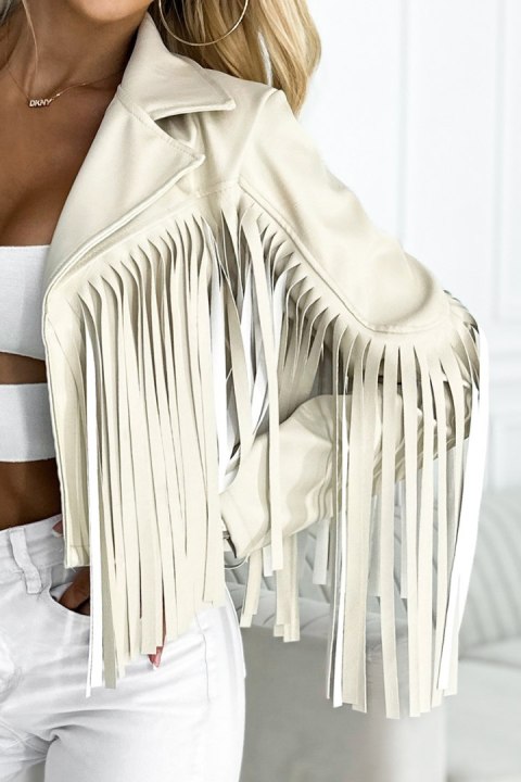 624-1 Krótka kurtka z frędzlami z miękkiej eco skóry - BEŻOWA