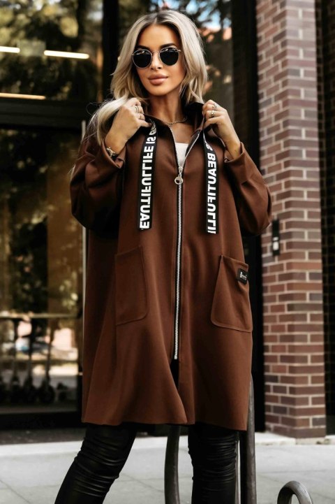 632-2 Casualowy płaszczyk z zamkiem i modnymi detalami - czekoladowy