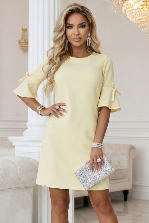 217-12 NEVA Kobieca trapezowa sukienka z wiązaniem na rękawkach - pastelowy żółty