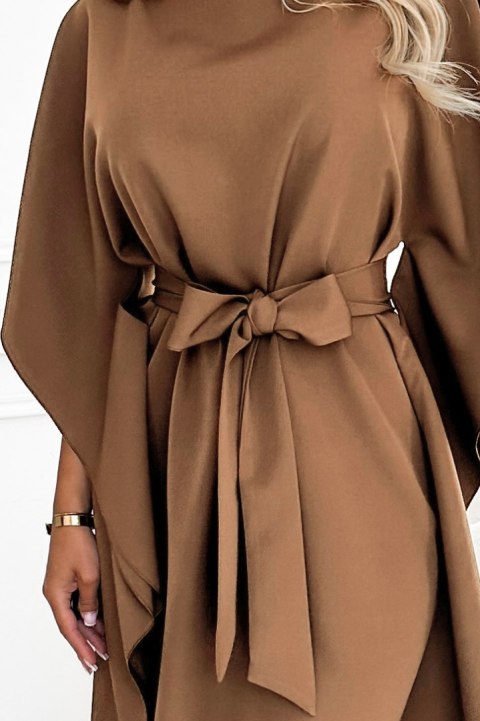 287-39 SOFIA Sukienka motyl z wiązaniem w pasie - cappuccino