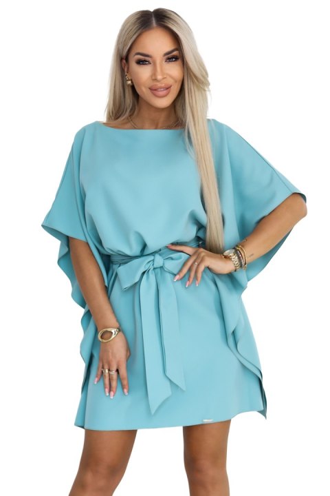 287-40 SOFIA Sukienka motyl z wiązaniem w pasie - pastelowy turkus