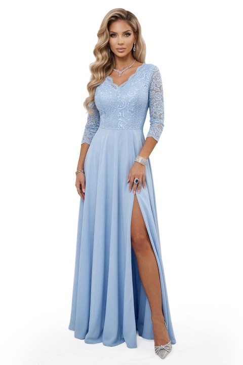 309-15 AMBER elegancka długa koronkowa suknia z dekoltem - błękitna