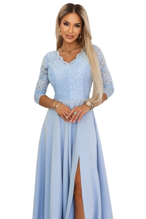 309-15 AMBER elegancka długa koronkowa suknia z dekoltem - błękitna