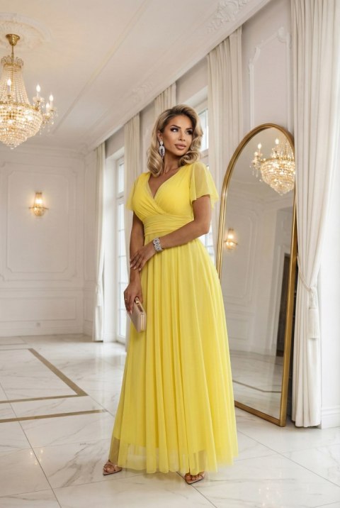 562-8 NASTIA Długa sukienka z dekoltem, wiązaniem i krótkim rękawkiem - cytrynowe limoncello