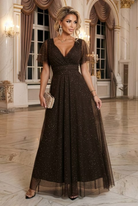 635-4 MELANIA długa błyszcząca suknia z dekoltem i krótkim rękawkiem - czekolada