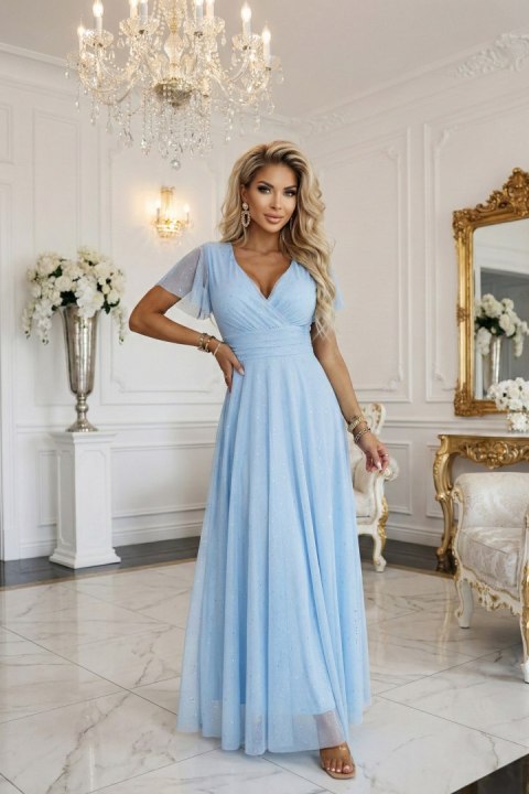 635-6 MELANIA długa błyszcząca suknia na wesele z dekoltem i krótkim rękawkiem - błękitna