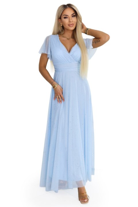 635-6 MELANIA długa błyszcząca suknia na wesele z dekoltem i krótkim rękawkiem - błękitna