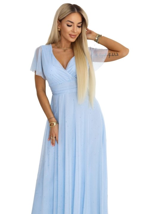 635-6 MELANIA długa błyszcząca suknia na wesele z dekoltem i krótkim rękawkiem - błękitna