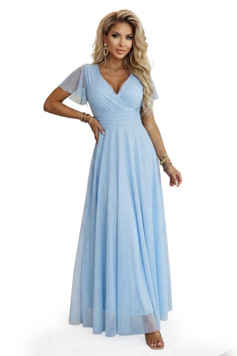 635-6 MELANIA długa błyszcząca suknia na wesele z dekoltem i krótkim rękawkiem - błękitna