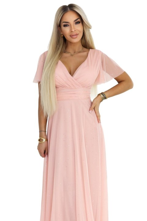 635-7 MELANIA długa błyszcząca suknia na wesele z dekoltem i krótkim rękawkiem - brzoskwiniowa