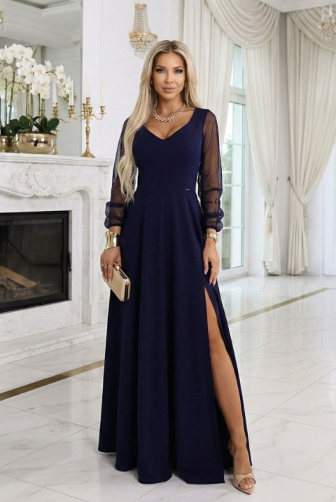 640-3 LORETTA wyjątkowa długa sukienka z tiulowymi rękawami i dekoltem - granatowa