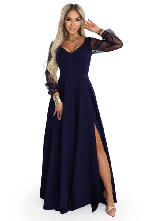 640-3 LORETTA wyjątkowa długa sukienka z tiulowymi rękawami i dekoltem - granatowa