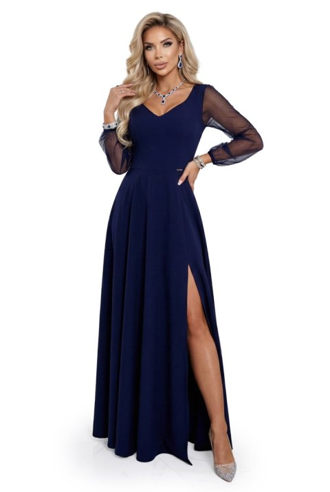 640-3 LORETTA wyjątkowa długa sukienka z tiulowymi rękawami i dekoltem - granatowa