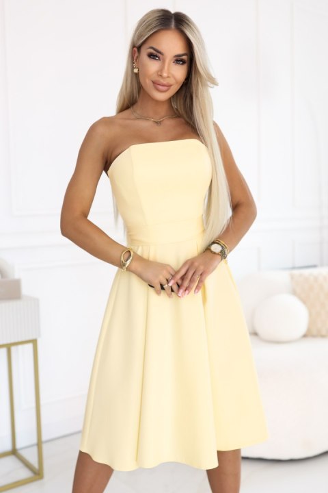 641-3 VIVIENNE gorsetowa rozkloszowana sukienka midi z paskiem - pastelowy żółty