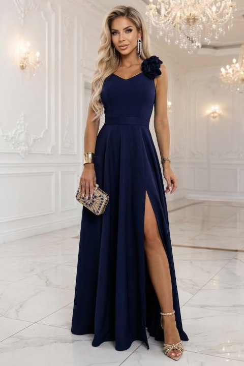 643-4 Elegancka wieczorowa suknia maxi z rozcięciem i różami - granatowa