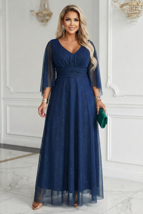 655-3 Długa połyskująca w świetle suknia z dekoltem i transparentnym rękawkiem - granatowa