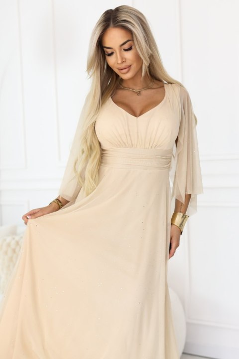 655-4 Długa połyskująca w świetle suknia z dekoltem i transparentnym rękawkiem - szampański beż