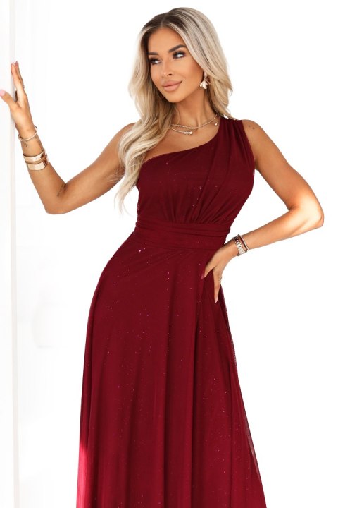 656-1 Długa błyszcząca suknia wieczorowa na jedno ramię - burgund