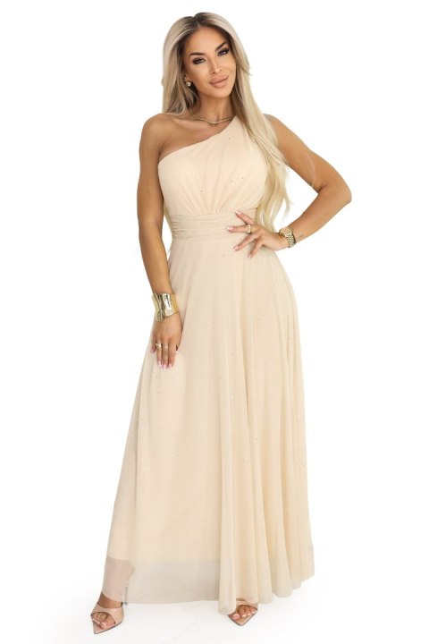 656-2 Długa błyszcząca suknia wieczorowa na jedno ramię - szampański beż