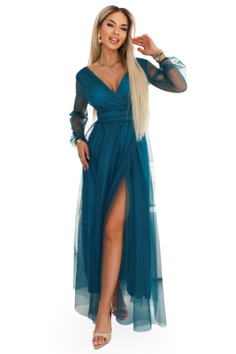 664-2 Długa sukienka maxi z tiulowymi rękawami i kopertowym dekoltem - zieleń butelkowa