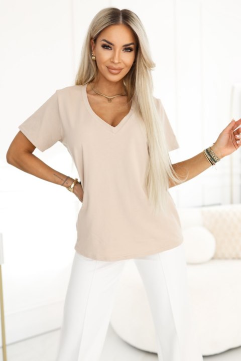 665-3 Bawełniana bluzka damska z dekoltem V i krótkim rękawkiem - beżowa