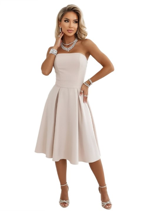 641-4 VIVIENNE gorsetowa rozkloszowana sukienka midi z paskiem - jasny beż