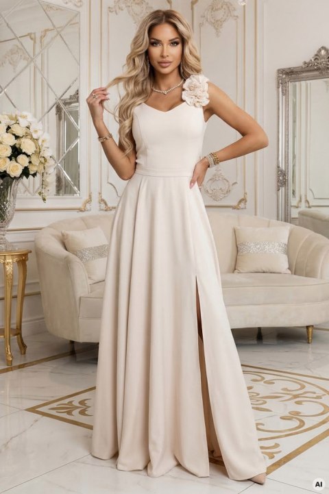 643-3 Elegancka wieczorowa suknia maxi z rozcięciem i różami - beżowa