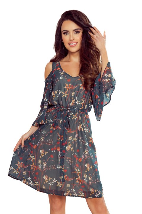 292-2 MARINA zwiewna sukienka z dekoltem - ZIELONA W KWIATY