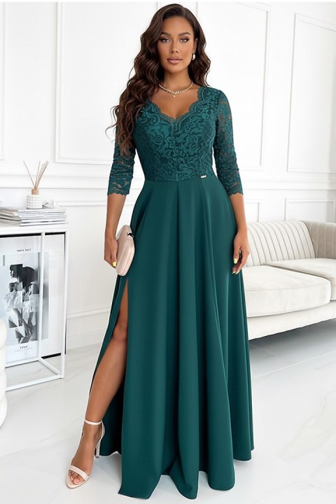 309-5 AMBER elegancka koronkowa długa suknia z dekoltem - ZIELEŃ BUTELKOWA